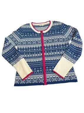 Neve Womens full zip blue white Nordic stripe wool sweater. Size L. ski lodge